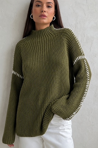 Wrenna | Women's Chunky Knit Mock Neck Whipstitch Sweater