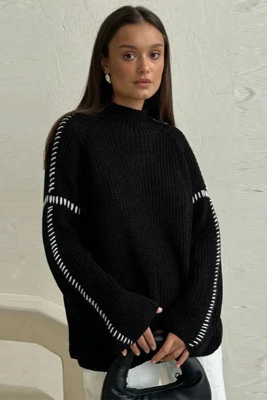 Wrenna | Women's Chunky Knit Mock Neck Whipstitch Sweater