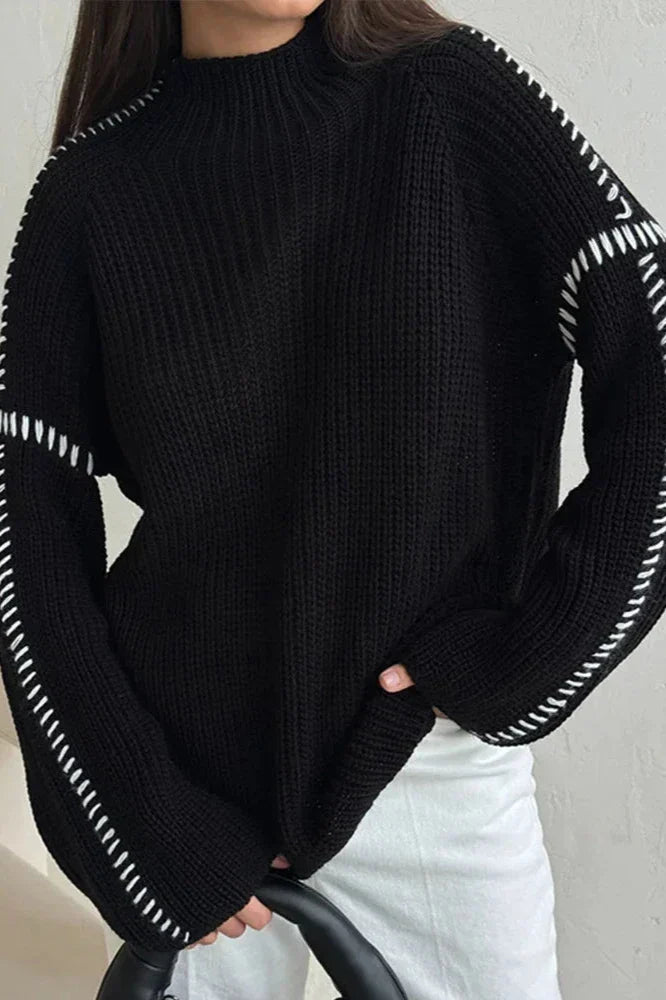 Wrenna | Women's Chunky Knit Mock Neck Whipstitch Sweater