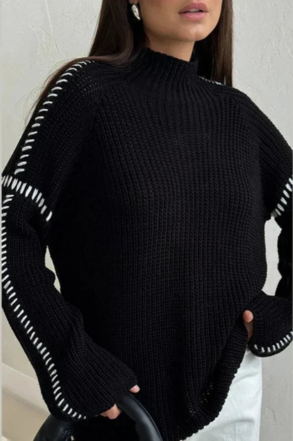 Wrenna | Women's Chunky Knit Mock Neck Whipstitch Sweater