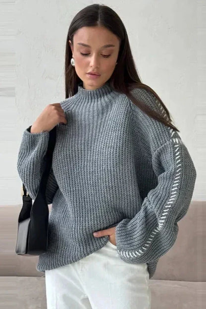 Wrenna | Women's Chunky Knit Mock Neck Whipstitch Sweater
