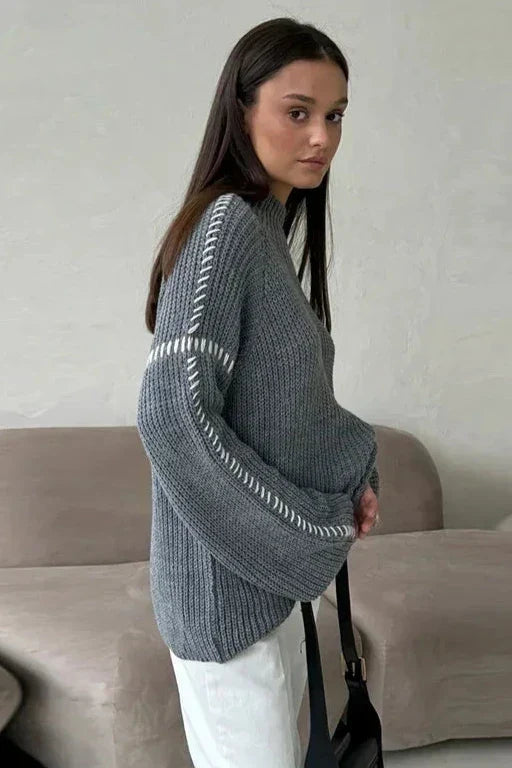 Wrenna | Women's Chunky Knit Mock Neck Whipstitch Sweater