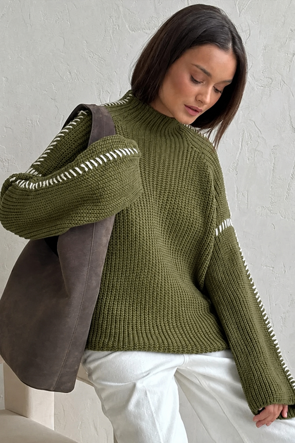 Wrenna | Women's Chunky Knit Mock Neck Whipstitch Sweater