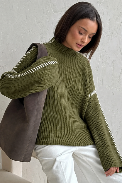 Wrenna | Women's Chunky Knit Mock Neck Whipstitch Sweater