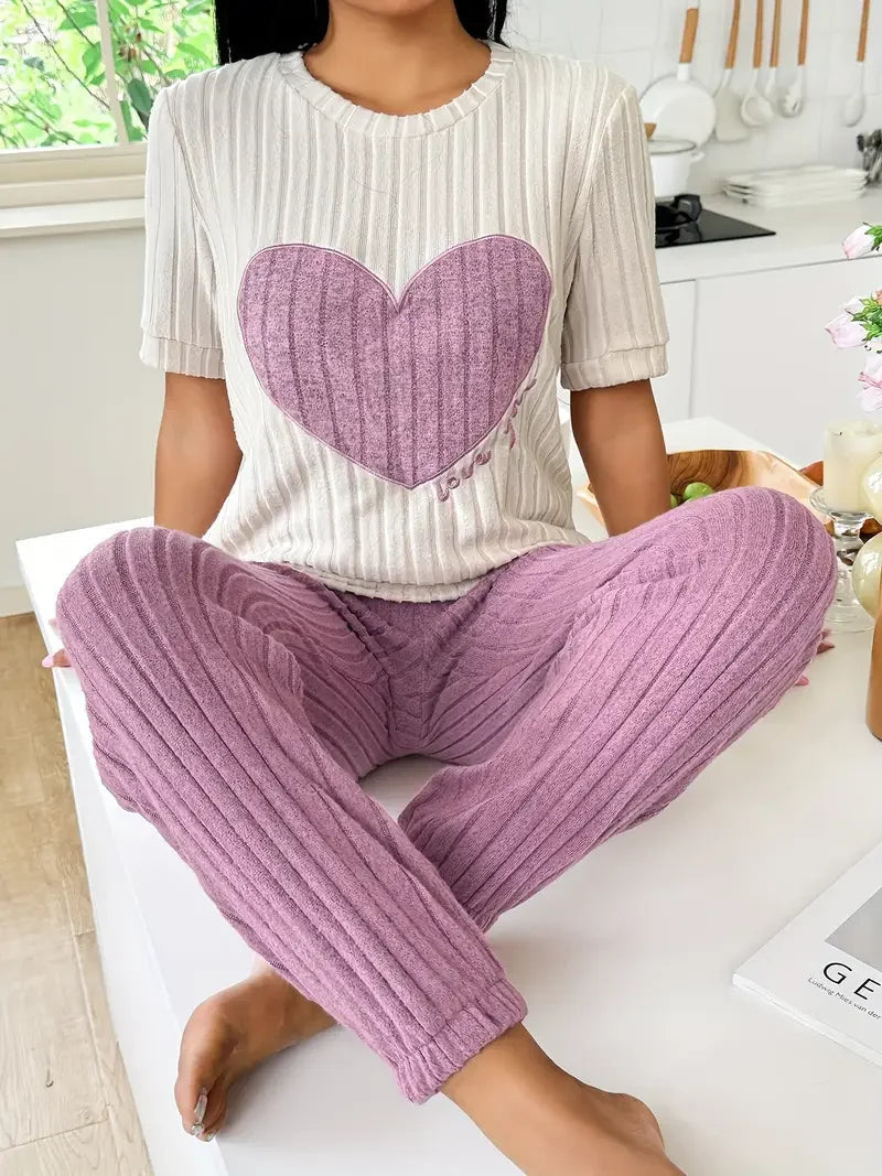 Nyra | Women's Ribbed Knit Heart Print Pajama Set
