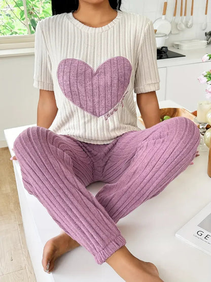 Nyra | Women's Ribbed Knit Heart Print Pajama Set