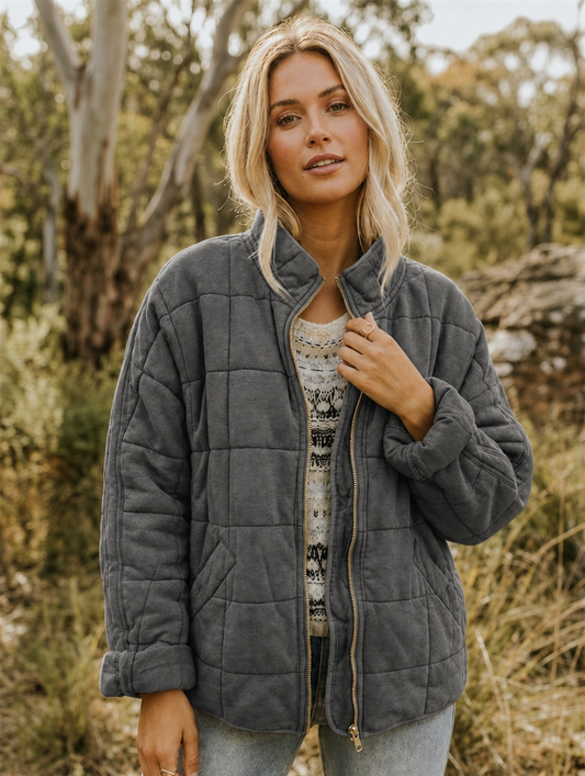 Ingrielle | Women's Quilted Stand Collar Zip Front Jacket