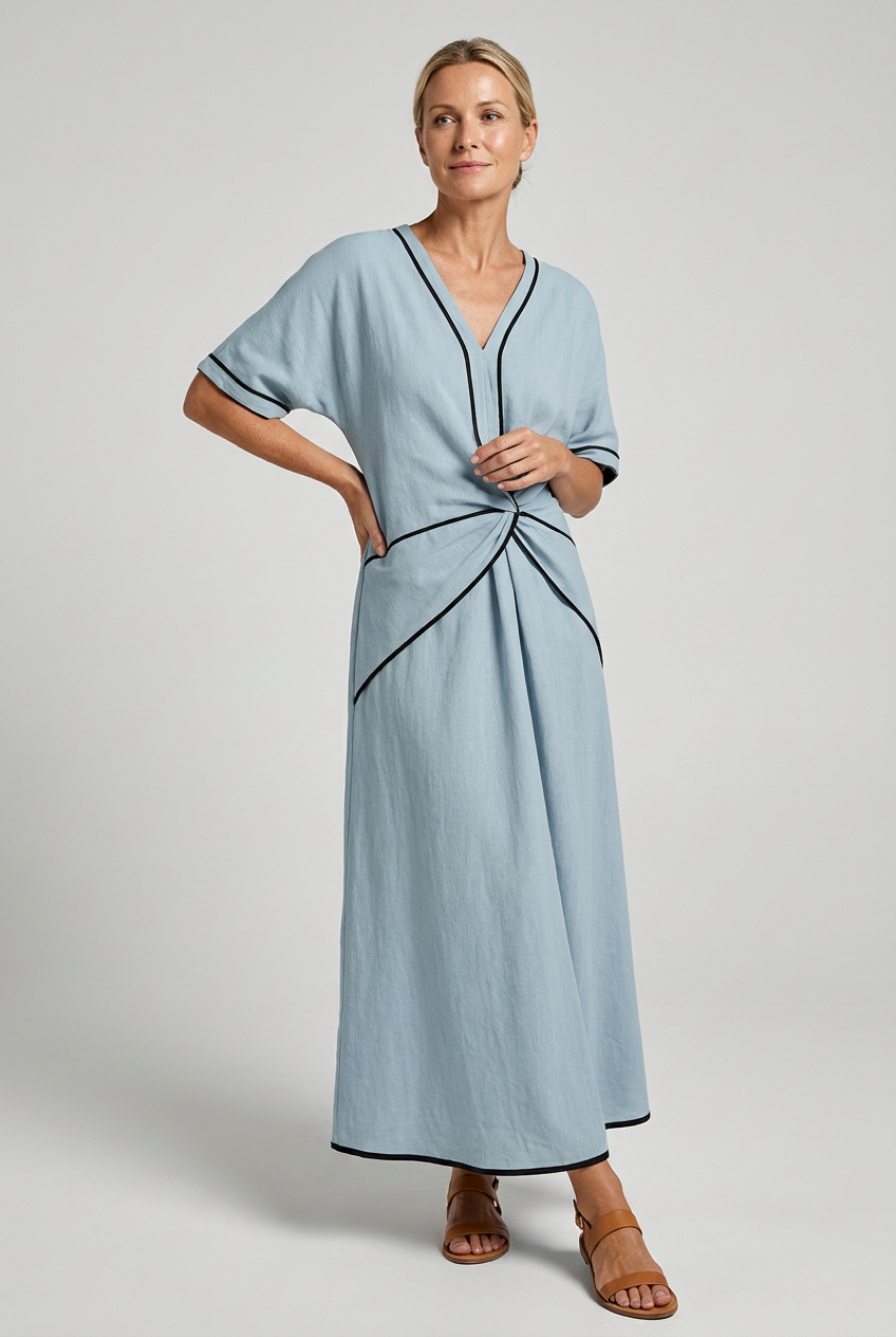 Twist-front V-neck contrast trim flowing maxi dress for women | Marisela