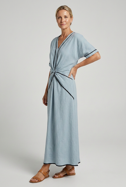 Twist-front V-neck contrast trim flowing maxi dress for women | Marisela