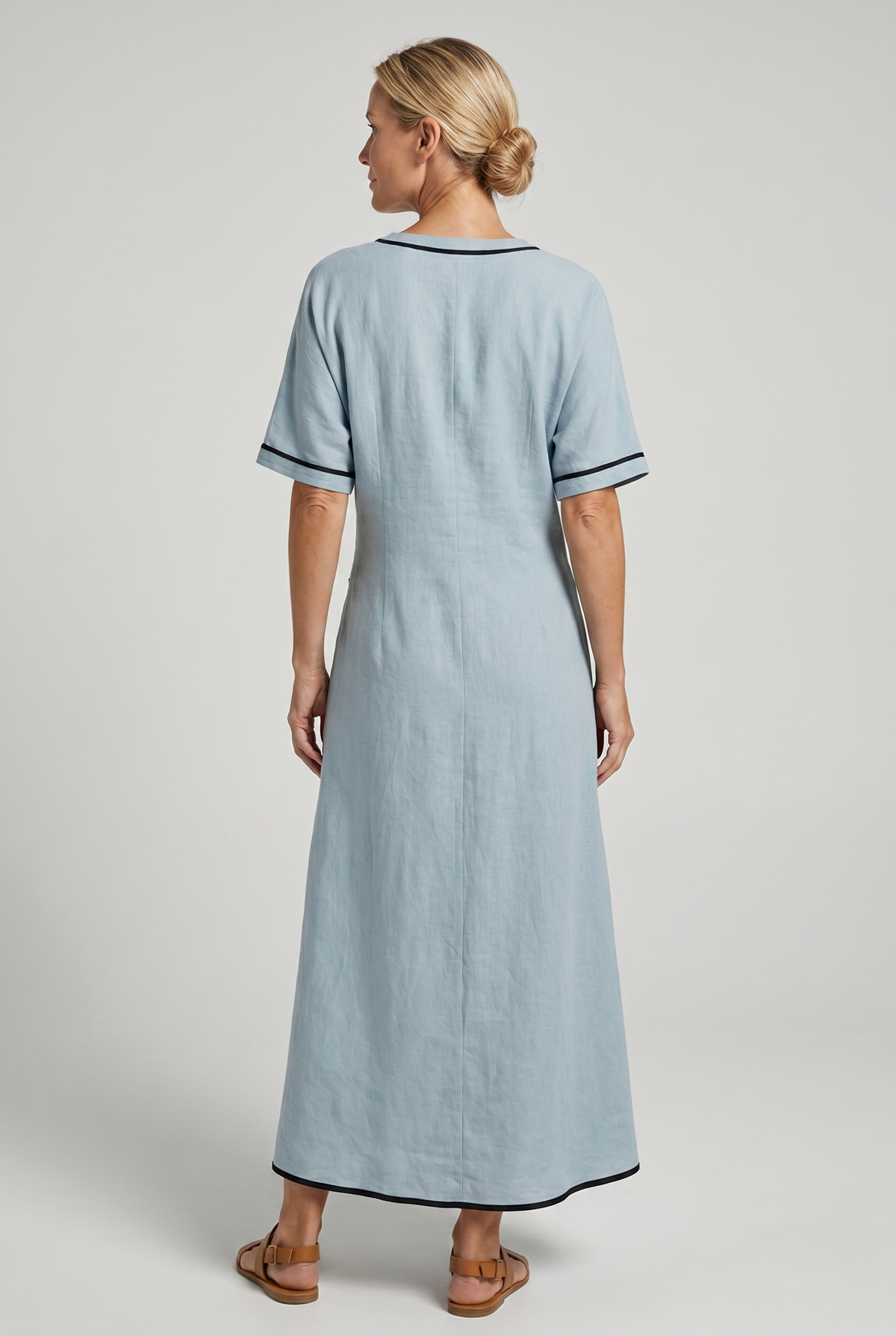 Twist-front V-neck contrast trim flowing maxi dress for women | Marisela