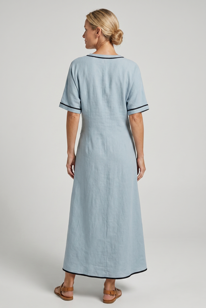 Twist-front V-neck contrast trim flowing maxi dress for women | Marisela