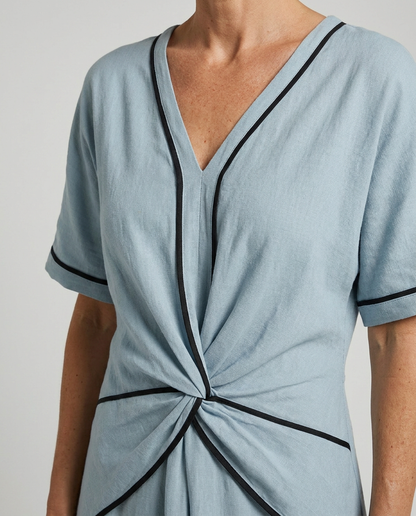 Twist-front V-neck contrast trim flowing maxi dress for women | Marisela