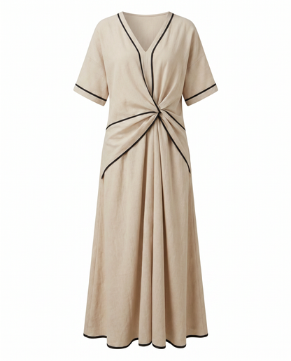Twist-front V-neck contrast trim flowing maxi dress for women | Marisela