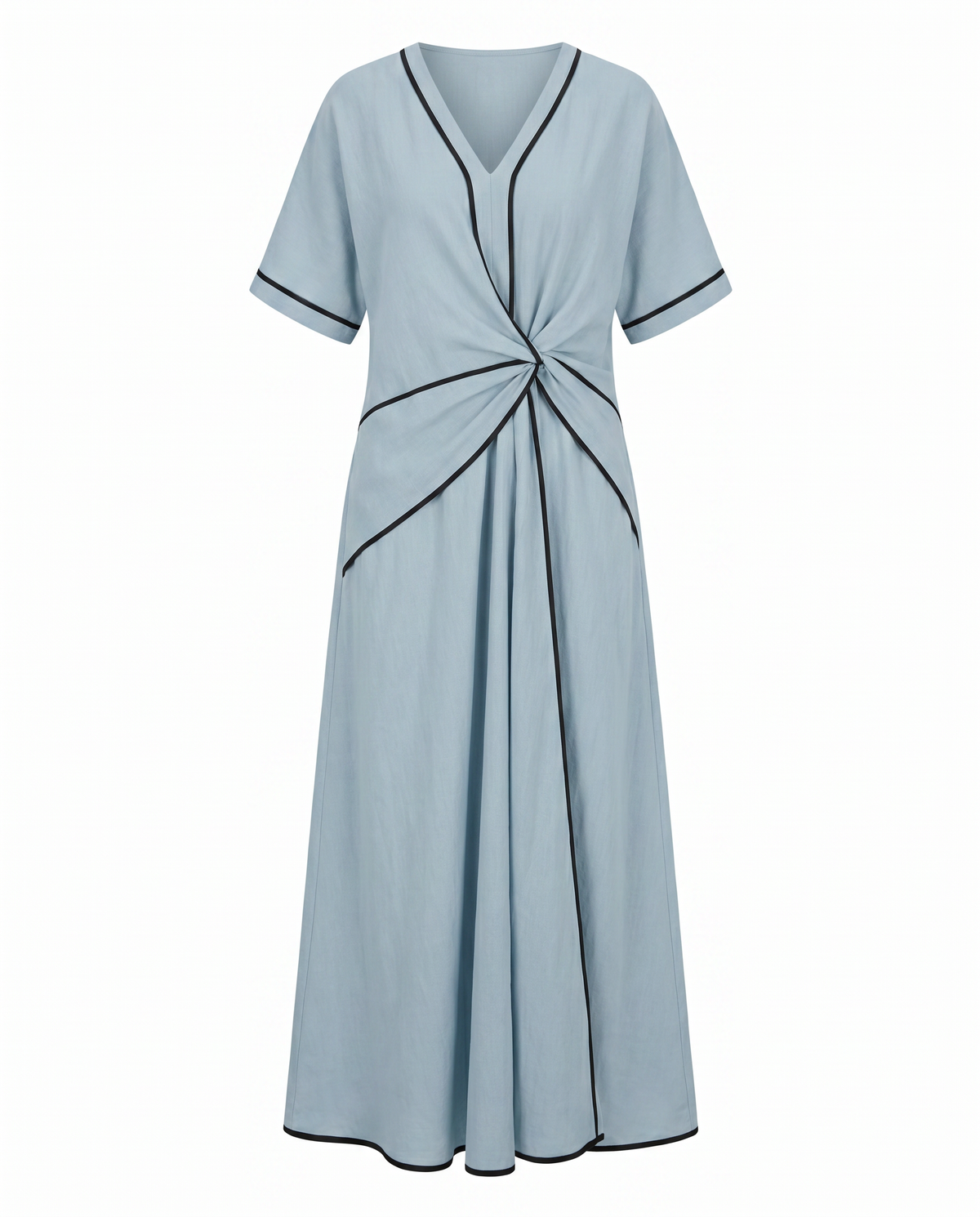 Twist-front V-neck contrast trim flowing maxi dress for women | Marisela
