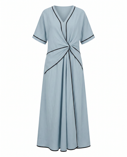 Twist-front V-neck contrast trim flowing maxi dress for women | Marisela