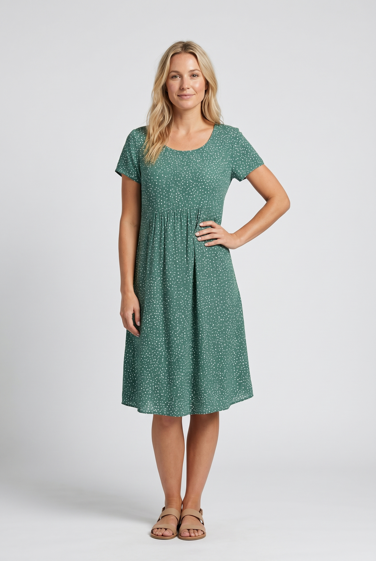 Title: Rounded neckline short sleeve relaxed A-line midi dress for women | Marisela