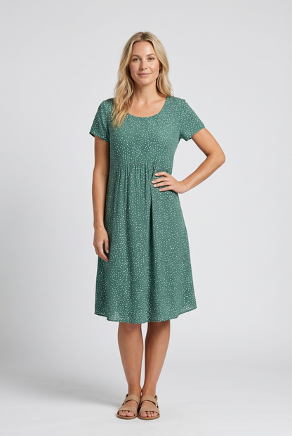 Title: Rounded neckline short sleeve relaxed A-line midi dress for women | Marisela