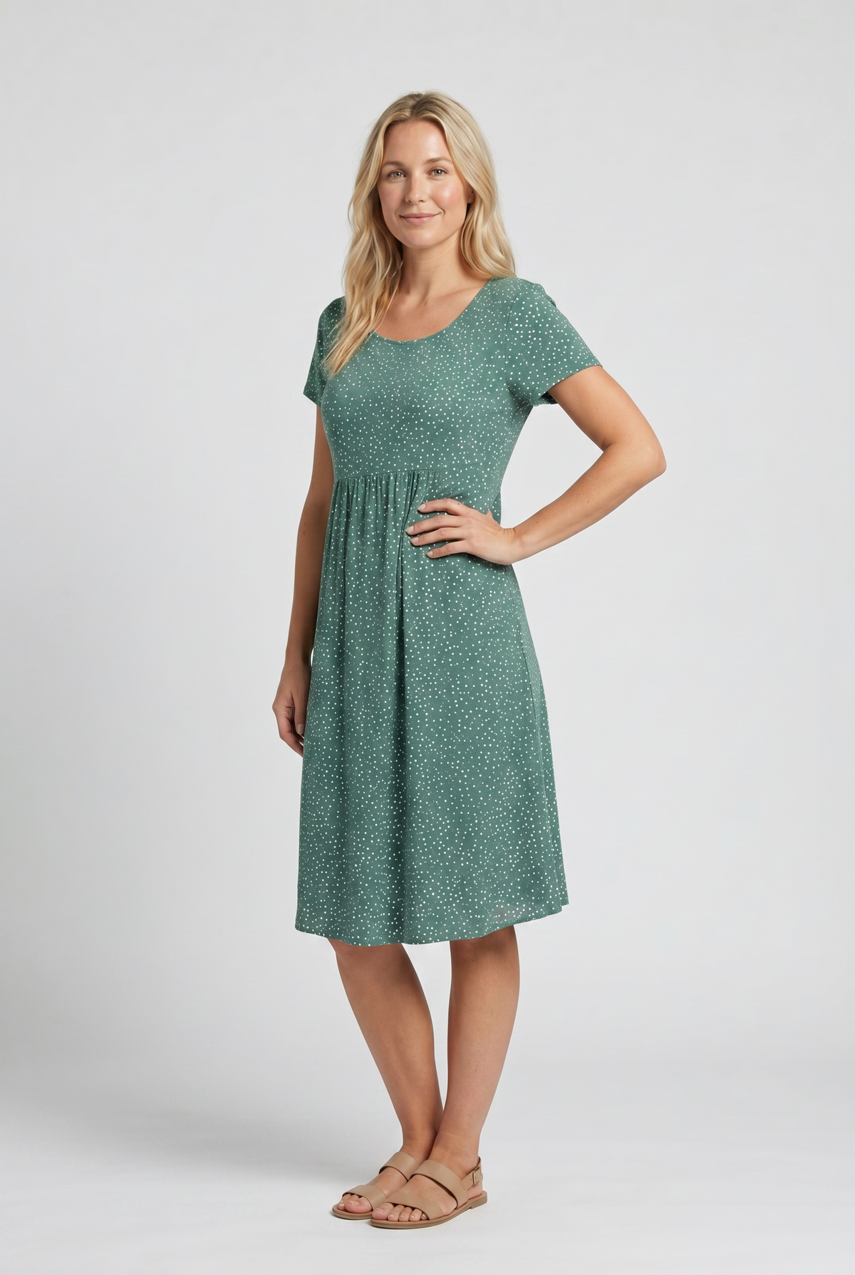 Title: Rounded neckline short sleeve relaxed A-line midi dress for women | Marisela