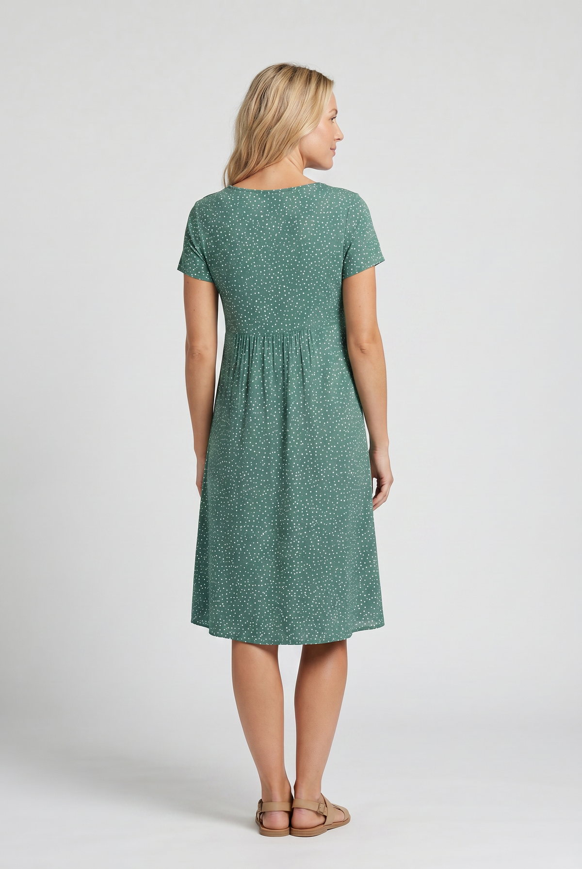 Title: Rounded neckline short sleeve relaxed A-line midi dress for women | Marisela