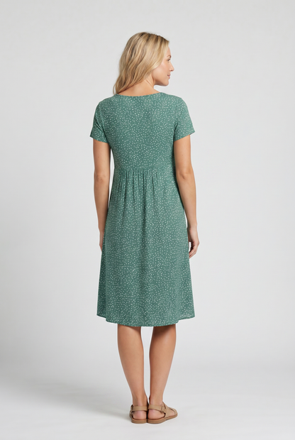 Title: Rounded neckline short sleeve relaxed A-line midi dress for women | Marisela