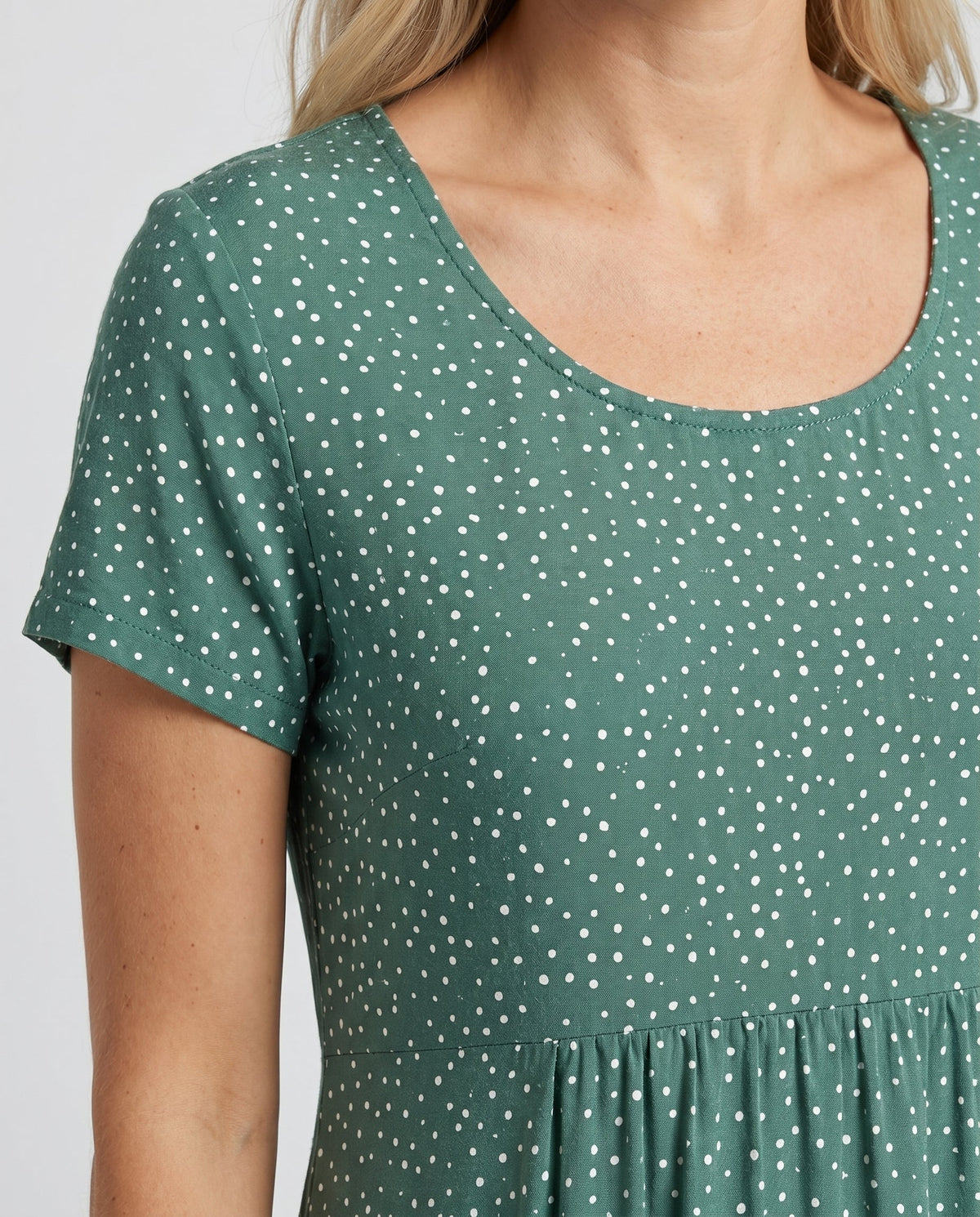 Title: Rounded neckline short sleeve relaxed A-line midi dress for women | Marisela