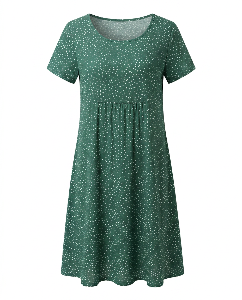 Title: Rounded neckline short sleeve relaxed A-line midi dress for women | Marisela