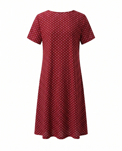 Title: Rounded neckline short sleeve relaxed A-line midi dress for women | Marisela