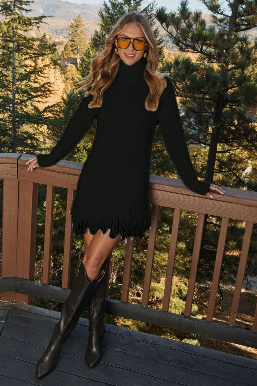 Vaelith | Women's Turtleneck Ribbed Knit Fringe Hem Dress