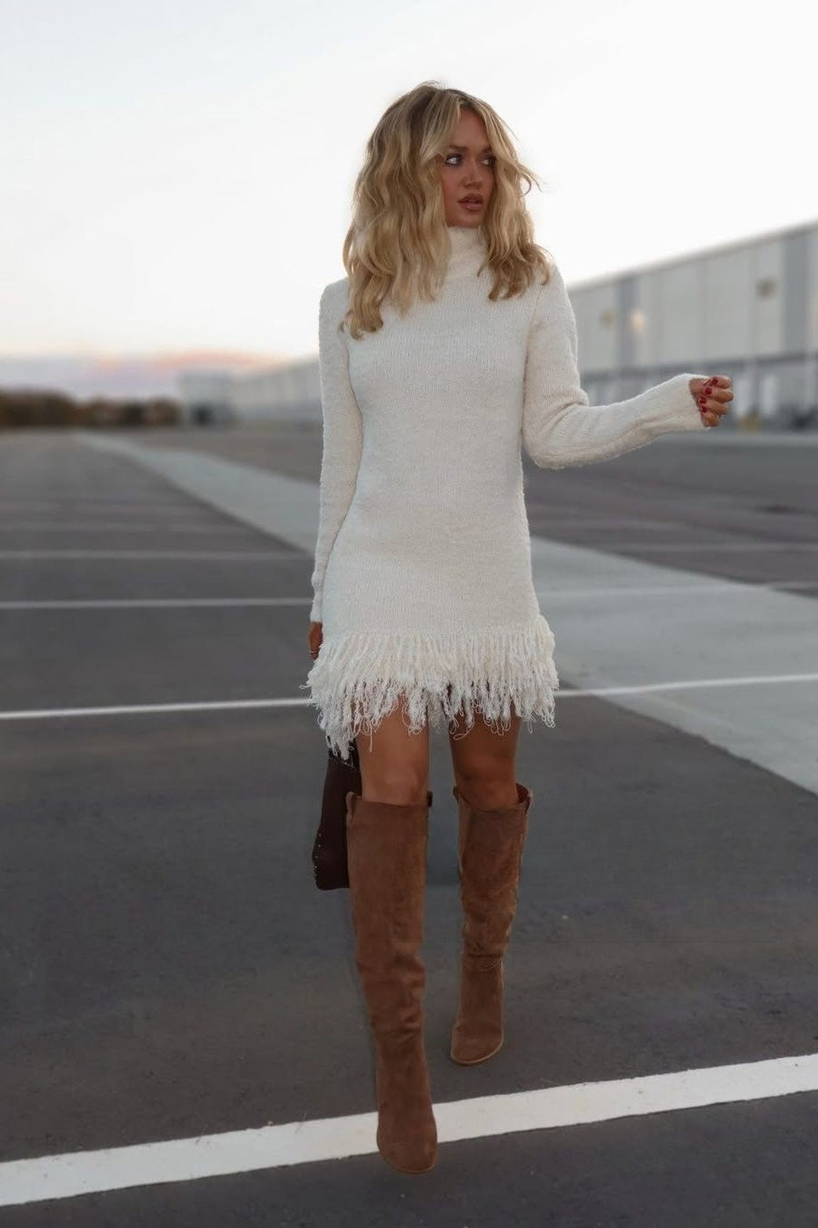 Vaelith | Women's Turtleneck Ribbed Knit Fringe Hem Dress