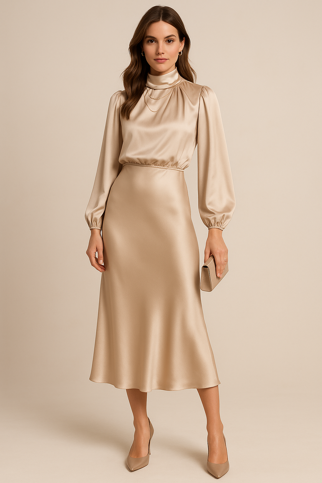 Corvina | Women's Satin High Neck Blouson Midi Dress