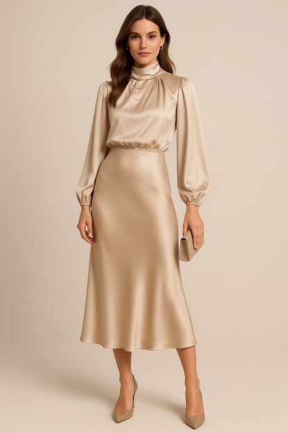Corvina | Women's Satin High Neck Blouson Midi Dress